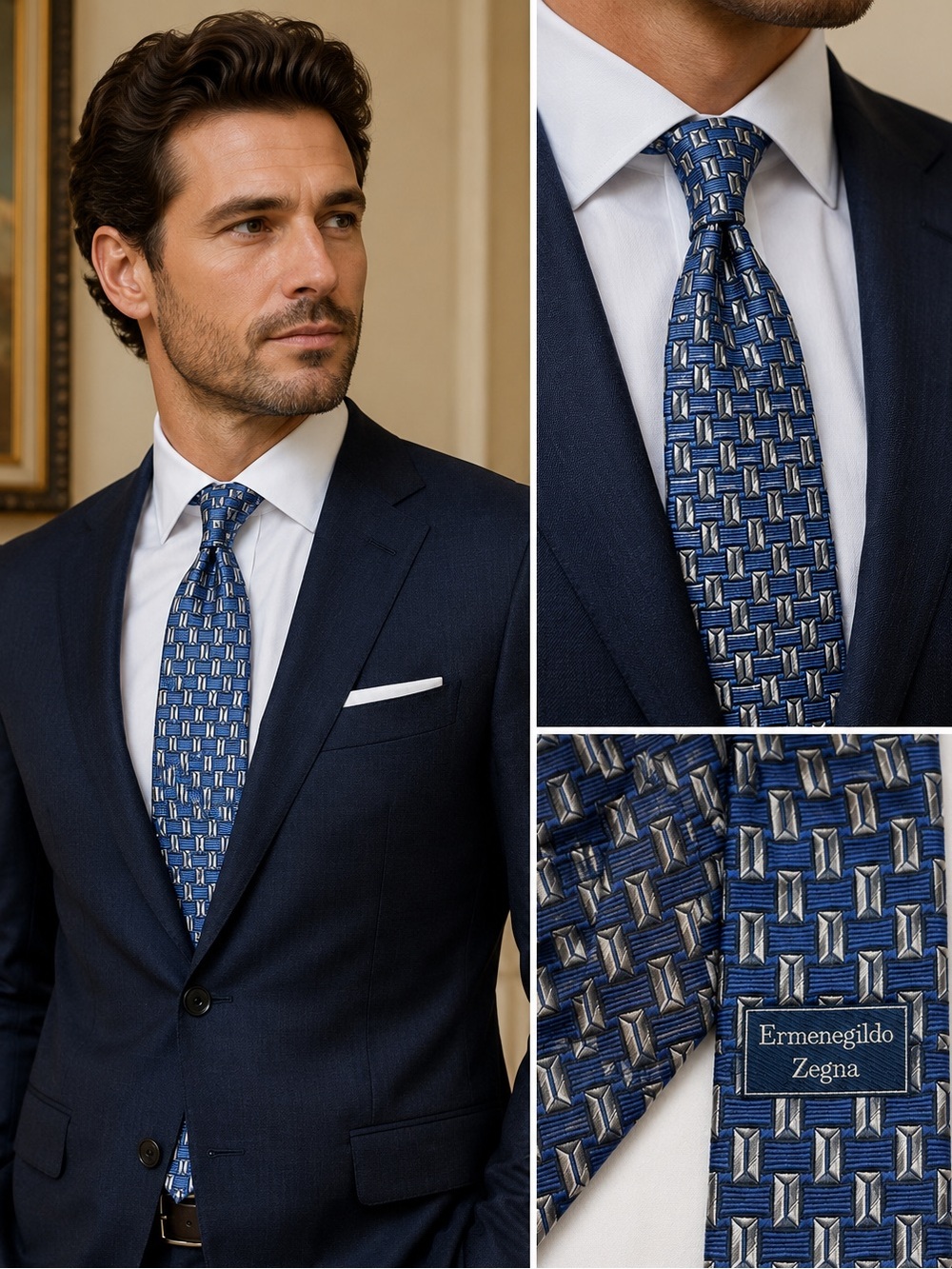 Ermenegildo Zegna Luxury 100% Silk Tie Blue Silver Geometric Made in Italy